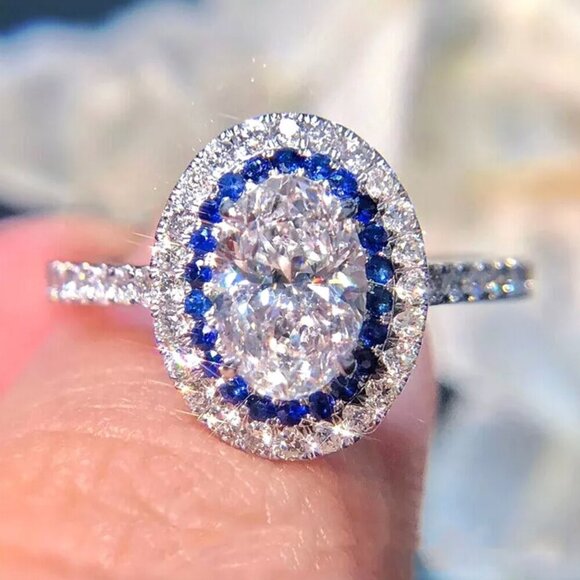 NEW 925 Sterling Silver Diamond Ring Oval Cut Ring Blue Sapphire Ring - Picture 2 of 5